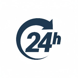 A black circular arrow graphic with the text '24h' inside, shown on a plain white background.