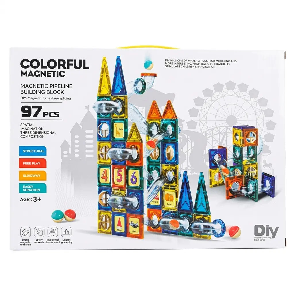 Magnetic Tile Marble Run Castle Set - 97 pcs
