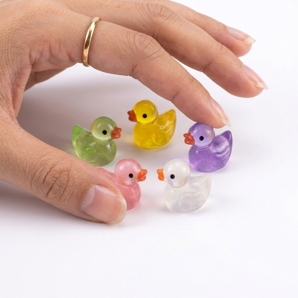 Five small translucent siliconducks in green, yellow, purple, pink, and white, with orange beaks, arranged on a white surface under a person's hand.