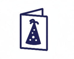 A minimalist black line art icon of an open greeting card featuring a party hat illustration, centered on a solid white background.
