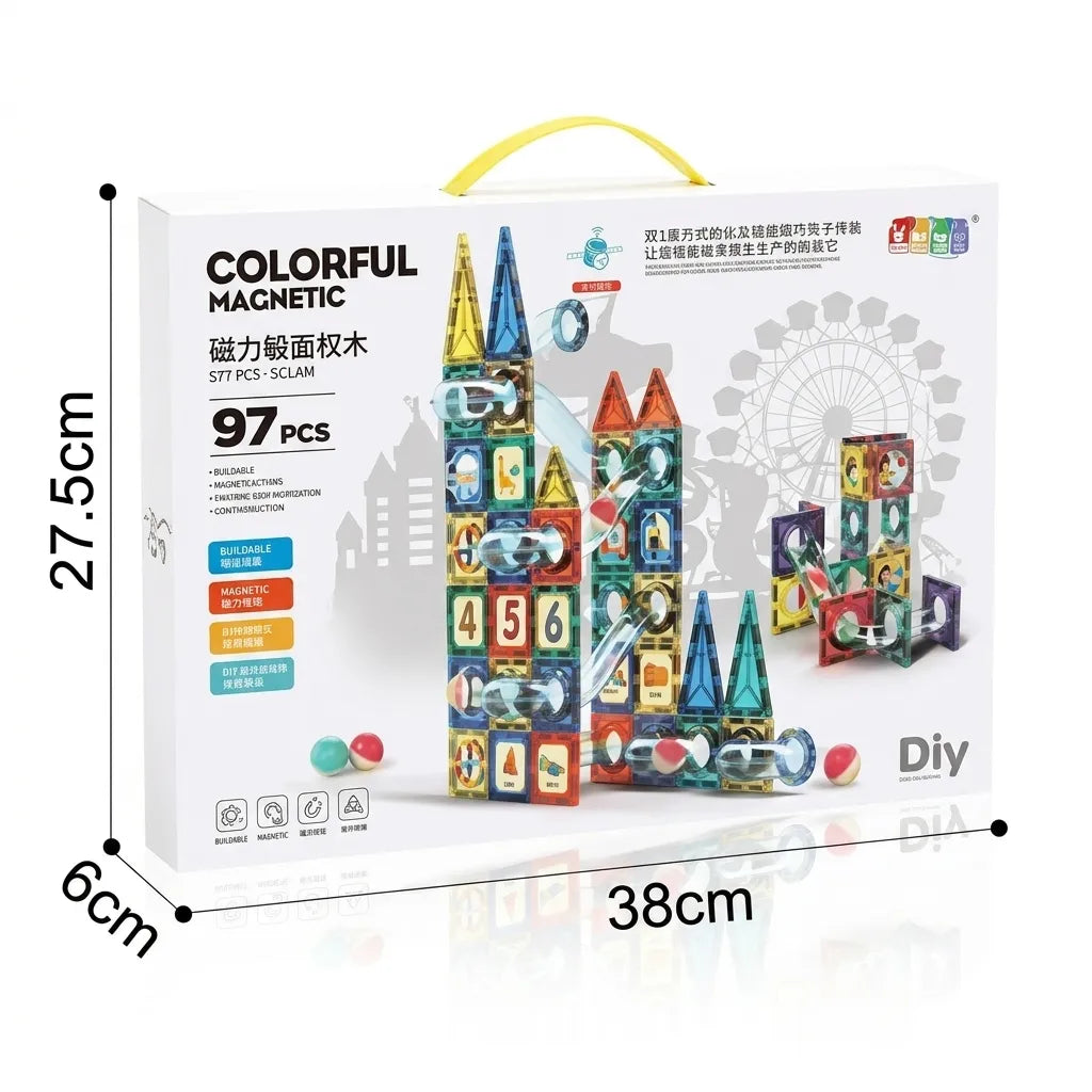 Magnetic Tile Marble Run Castle Set - 97 pcs